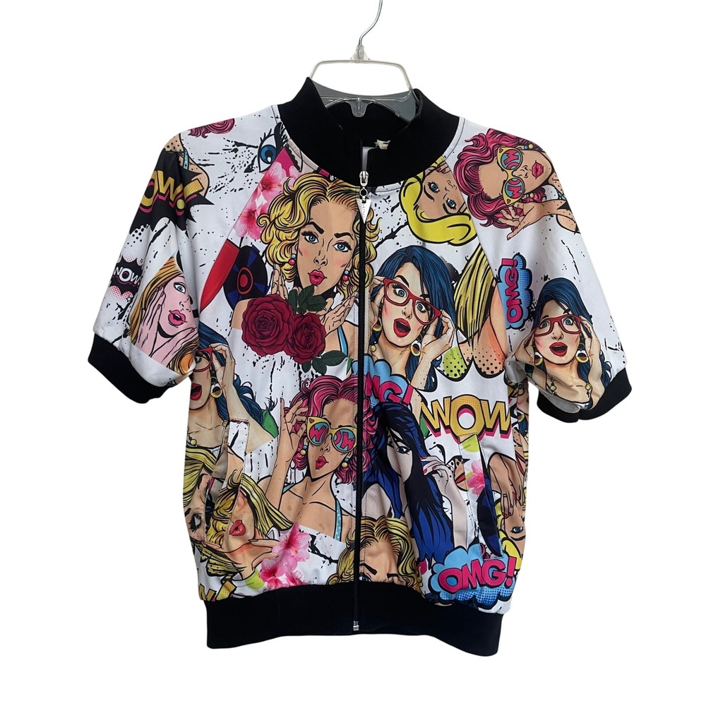 Pop Art Comic Book Print Short Sleeve Bomber Jacket Womens Small Comicon Chaput